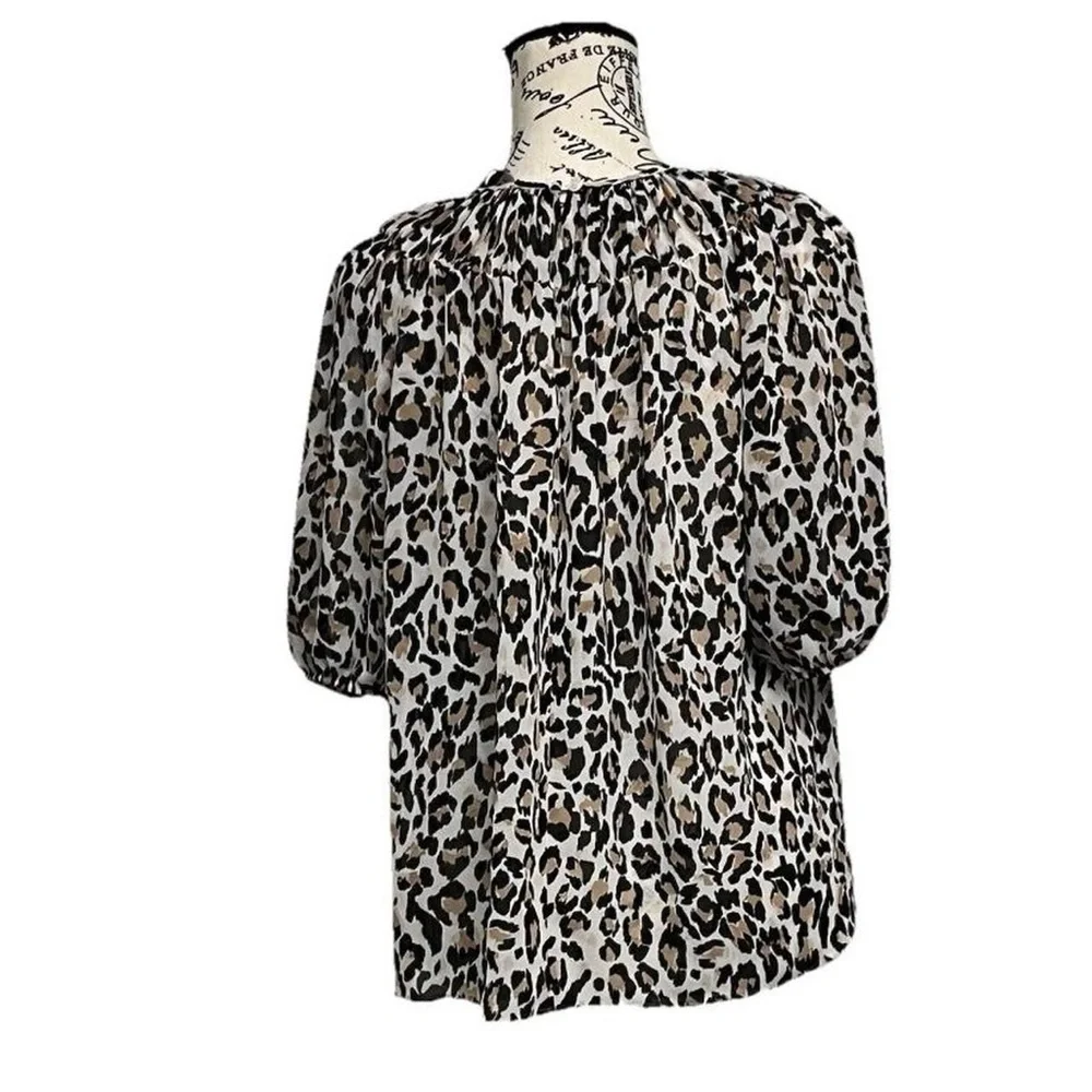 Banana Republic Sheer Leopard Blouse Women’s S Ruched Neck Puff Sleeve Peasent